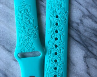 Henna watch band|Floral engraved watch band|garden watch band|silicone watch band|flower watch band| Paisley watch band