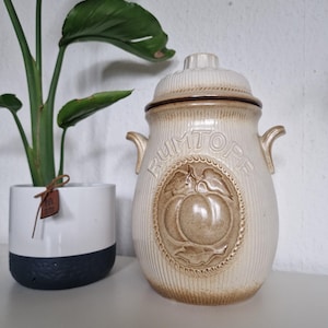 Puede incluir: Un tarro de cerámica beige con tapa, con la palabra "RUMTOPE" y un diseño de melocotón. El tarro tiene dos asas pequeñas y líneas verticales. A la izquierda hay una planta en maceta con hojas verdes grandes.