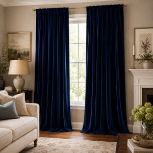 May include: A pair of floor-length, solid navy blue velvet curtains hanging from a gold-toned rod. The curtains feature a dense, soft-textured fabric that drapes vertically from the top rod down to the floor, covering a window in a room.
