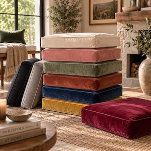 May include: A stack of seven square floor cushions in various colors including cream, dusty pink, olive green, rust orange, navy blue, mustard yellow, and deep red. Each cushion features a soft velvet-like texture and piped edges.