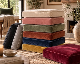 Custom Velvet Window Seat Cushion, Made to Measure, Contrast Piping (60 Colors), Cushion with Foam