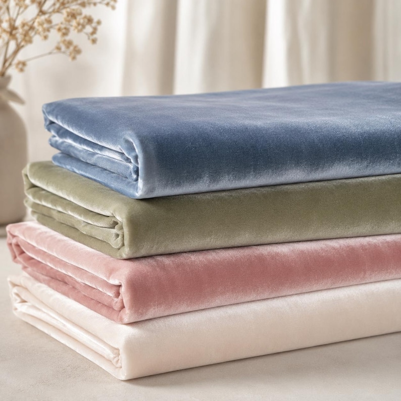 A stack of four fabric swatches in various colors, including blue, green, pink, and white, arranged neatly on a surface.