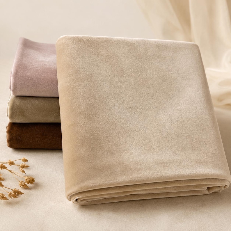 a stack of three folded beige fabric pieces, with a small decorative item, possibly a flower, placed to the left of the stack.