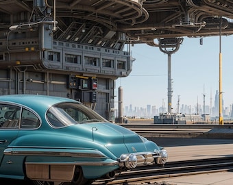 Retro Futuristic | Classic Car | Industrial Area | Atompunk Art | Automotive Poster | Mid-Century Sci-Fi | Instant Download