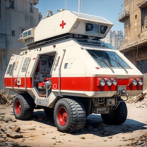 Red Cross | Medical Van | Ambulance Tractor | Emergency Vehicle | 70s Style | Retro futurism Artwork | Science Fiction | Instant Download