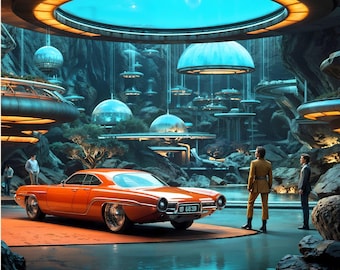 Retro Futuristic | Underground City | Classic Car | Atompunk Art | 1960s  Vintage | Science Fiction | Instant Download