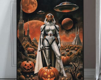 Retro Futuristic Halloween Wall Art | Sci-Fi Astronaut Pumpkin Poster | Vintage Space Digital Download