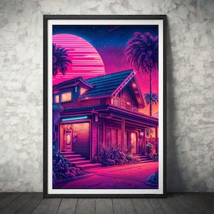 Sunset House | Beach House | Retrowave Art | 80s Nostalgia | Colorful Poster | Synthwave Aesthetic | Instant Download