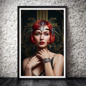 Arte de Ciencia Ficción | Retrato de una Dama | Pelirroja | Retro Futurista | Cartel Art Déco | Ciencia Ficción | Descarga Instantánea
