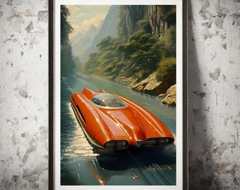 Atompunk Art | Sci-Fi Classics | Mid-Century Style | Retro Car | Motorboat | Retro Cinema Poster | Instant Download