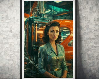 Retro Futuristic | Sci-Fi Scene | Mechanical Engineer | Woman Portrait | Mid-Century Modern | Industrial Style | Instant Download