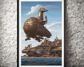 Steampunk Airship | Flying Duck | Iron Monsters | Industrial Era | Steampunk Art | Retro Futurism Artwork | Instant Download
