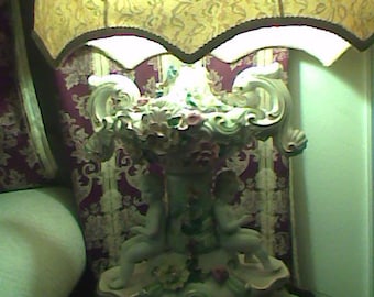 2 Vintage Italian Capodimonte Art porcelain Cherubs  Flowers Table Lamp