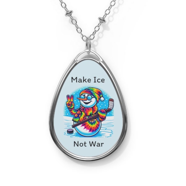 Make Ice Not War - Oval Necklace - Hippy Snowman - Cool Pendant