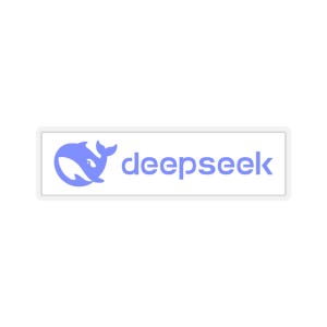 Peut inclure: Un rectangle blanc avec un logo de baleine bleu et le texte "deepseek" en bleu.