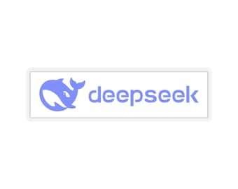 Peut inclure: Un rectangle blanc avec un logo de baleine bleu et le texte "deepseek" en bleu.