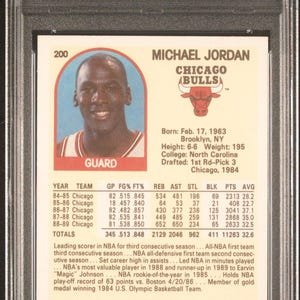 May include: A 1989 Fleer Michael Jordan basketball card. The card features a photo of Jordan in his Chicago Bulls uniform, with the team logo and the text "Michael Jordan" and "Chicago Bulls" on the card. The back of the card includes statistics and information about Jordan's career.