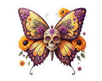 Pegatina de mariposa de calavera de azúcar: calcomanía del Día de los Muertos