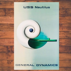 Póster satinado de la época del USS Nautilus de los años 50 - Obra de arte detallada de alta gama - Diseño de la era de la Guerra Fría - Primer submarino nuclear - Historia militar 12" x 18"