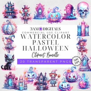 Watercolor Pastel Halloween Clipart Bundle of 20 Witch Jack O&#39; Lantern Transparent Background PNG Graphics Digital Download Commercial Use