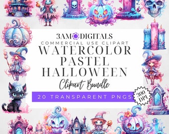 Watercolor Pastel Halloween Clipart Bundle of 20 Witch Jack O' Lantern Transparent Background PNG Graphics Digital Download Commercial Use