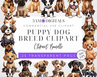 Puppy Dog Breed Clipart Bundle of 25 Dog Breeds Puppies Clipart Transparent Background PNG Graphics Digital Download Commercial Use