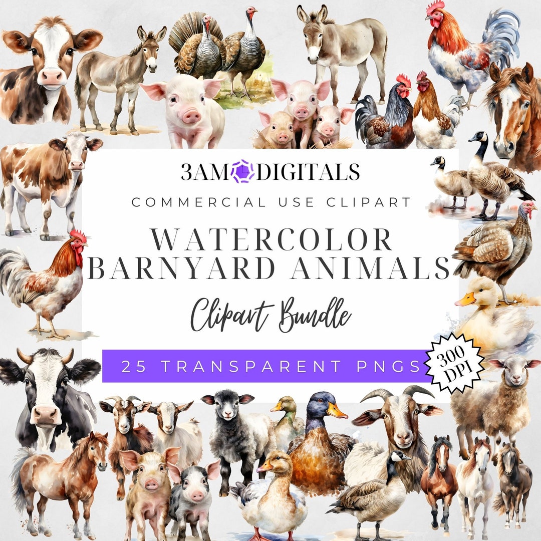 Watercolor Barnyard Animal Bundle of 25 Cute Farm Cow Transparent ...