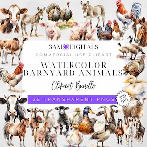 Watercolor Barnyard Animal Bundle of 25 Cute Farm Cow Transparent Background PNG Graphics Digital Download Commercial Use