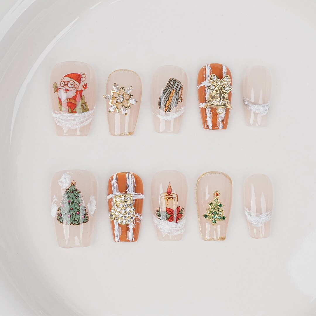 Handmade Christmas Press on Nails, Christmas Tree Deer Candle Bells and Snowflakes Short Coffin
