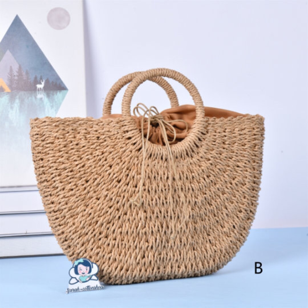 Drawstring Straw Bag Half Moon Round Handle Bag Camel/beige Etsy