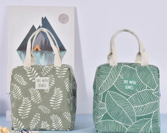 CLEARANCE Leaf Tote Bag, Green Leaf Bag, Insulated Lunch Tote Keep Warm/Cold, Handmade Bento Box Bag, Plant Lovers Gift,Valentine's Day Gift