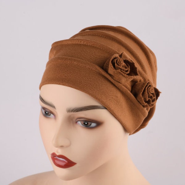 Rose Flower Chemo Beanie, Handmade Cotton Medical Turban, Solid Color Cancer Cap for Hair Loss, Vintage Roses Chemo Headwear