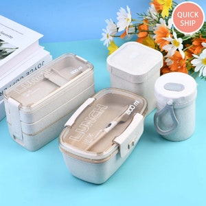 Windfall Japanese Bento Box, Wheat Straw Portable Leakproof Lunch Box, Microwave Lunch Box Spoon Chopsticks Wheat Straw Food Storage Container Eco