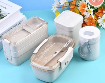 Wheat Straw Lunch Box With Fork&Spoon, Reusable Lunch Box, Stackable Bento Box, Soup Cup, Food Storage Container, Dishwasher Microwave Safe