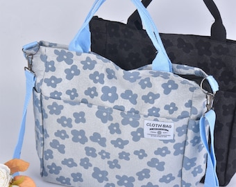 Multi-pocket Bag, Forget-me-not Flowers Shoulder Bag, Cross-body Canvas Jacquard Bag, Premium Quality Flowers Tote with Zipper, Easter Gift