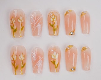 Handmade Pink Floral Nails, Golden Tulips Press On Nails, Pearl Charms 3D Short Coffin Nails, Birthday Gift for Her