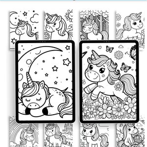 Può includere: Un set di 26 pagine da colorare in bianco e nero con illustrazioni di unicorni carini. Le pagine includono unicorni che dormono, giocano e stanno in piedi in un campo di fiori. Le pagine sono perfette per i bambini che amano colorare.