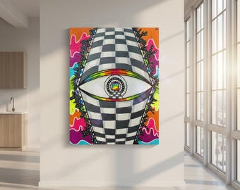 Pintura acrílica de ilusión óptica: Ojo de tablero de ajedrez, arte abstracto neón