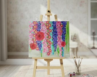 Pintura acrílica floral texturizada – Arte mural estilo cottagecore en rosa y morado (12x12)