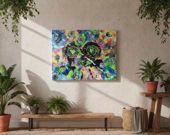 Pintura abstracta original con purpurina – Lienzo floral de técnica mixta neón de 16x20 pulgadas