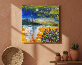Pintura abstracta texturizada de paisaje – Obra original en lienzo acrílico de 12x12