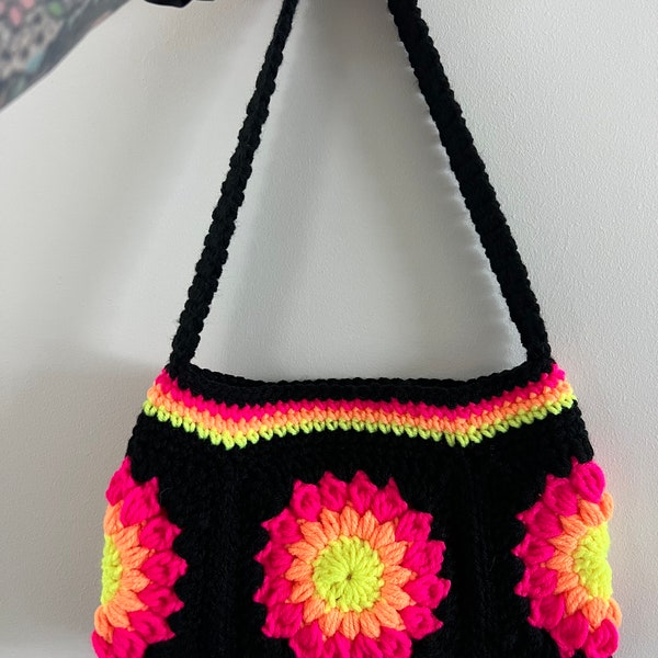 Handmade Crochet Black And Neon Sunflower Granny Square Shoulder Bag