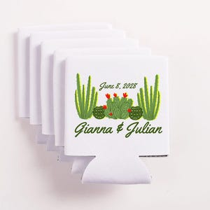 May include: White can coolers with a green cactus design and the text "June 8, 2028" and "Gianna & Julian" in green script. The coolers are stacked on a white background.