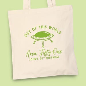 Personalized Alien UFO Event Tote Bag: Custom Area 51 Party Gift Bags