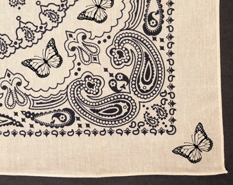 Butterfly Print Bandana: Cream & Black Cotton Retro Scarf