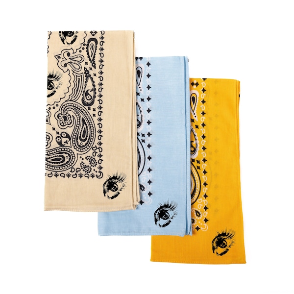 Twiggy Eye- Printed Cream and Black Bandana-Marigold bandana- eye logo- Retro Bandana-Accessories-Gifts for friends-Unique Gifts