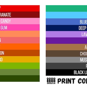 Puede incluir: Tabla de colores con dos columnas de muestras de color. La columna izquierda incluye colores como Cereza, Algod&oacute;n de az&uacute;car y Mostaza. La columna derecha presenta Taffy, Ar&aacute;ndano y Chocolate. El texto "PRINT COLOR" est&aacute; en la parte inferior.