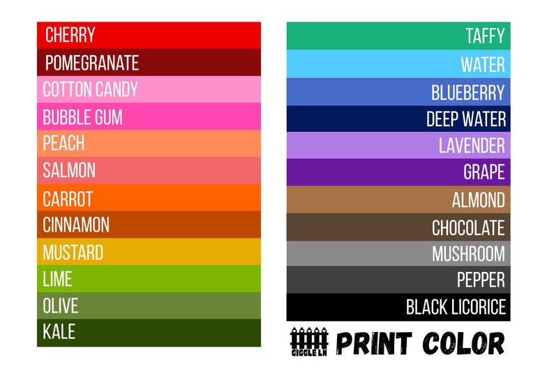 Puede incluir: Tabla de colores con dos columnas de muestras de color. La columna izquierda incluye colores como Cereza, Algod&oacute;n de az&uacute;car y Mostaza. La columna derecha presenta Taffy, Ar&aacute;ndano y Chocolate. El texto "PRINT COLOR" est&aacute; en la parte inferior.