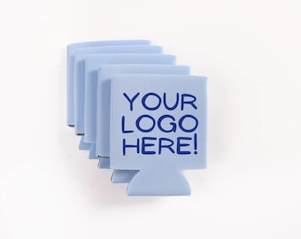 May include: A stack of light blue can coolers with the text "YOUR LOGO HERE!" printed in dark blue. The can coolers are made of a foam material and are designed to keep beverages cold.