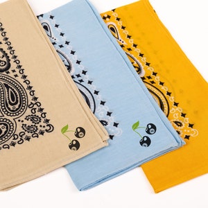 Black Cherry 8 Ball Bandana-Cream, Blue, Marigold bandana-8 ball cherries-Cherry Retro Bandana-Cherry 8 Balls - Billiards-Pool Ball Cherries